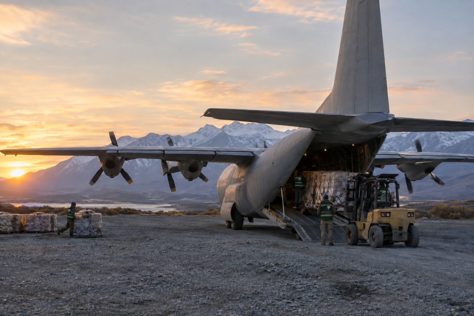 C-130 cargo aircraft unloading relief pallets on a remote airstrip