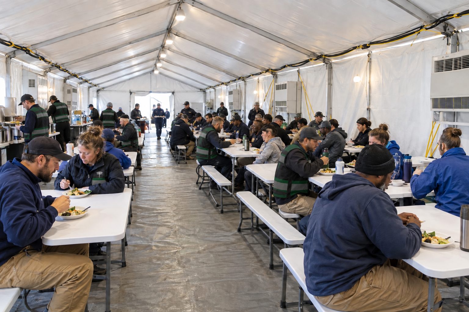 Climate-controlled relief camp dining tent with responders eating