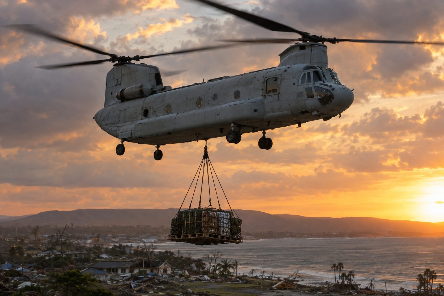 Chinook heavy-lift helicopter carrying a sling load of supplies over a coastal disaster area