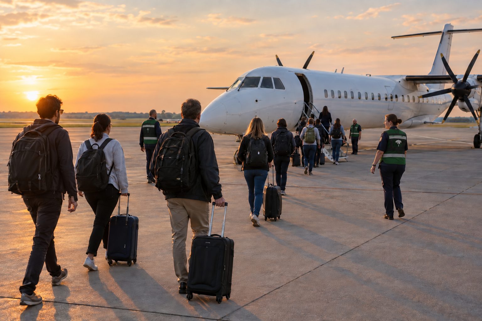 Civilians escorted across a tarmac to a chartered aircraft