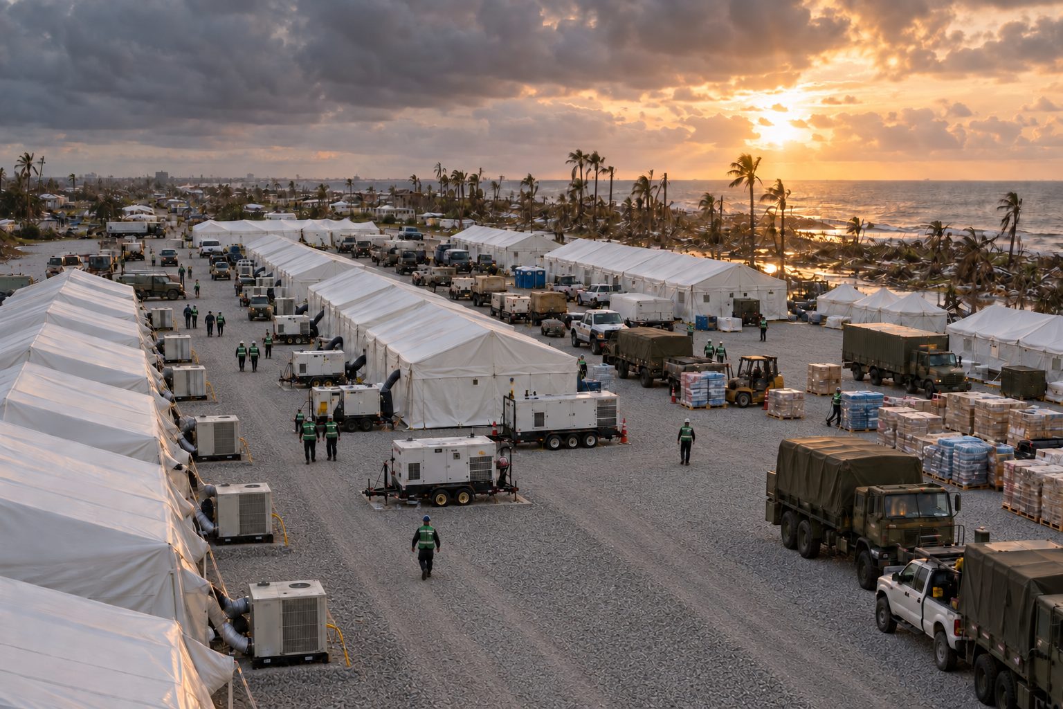 Disaster-response base camp with tents, generators, and staged trucks at dawn