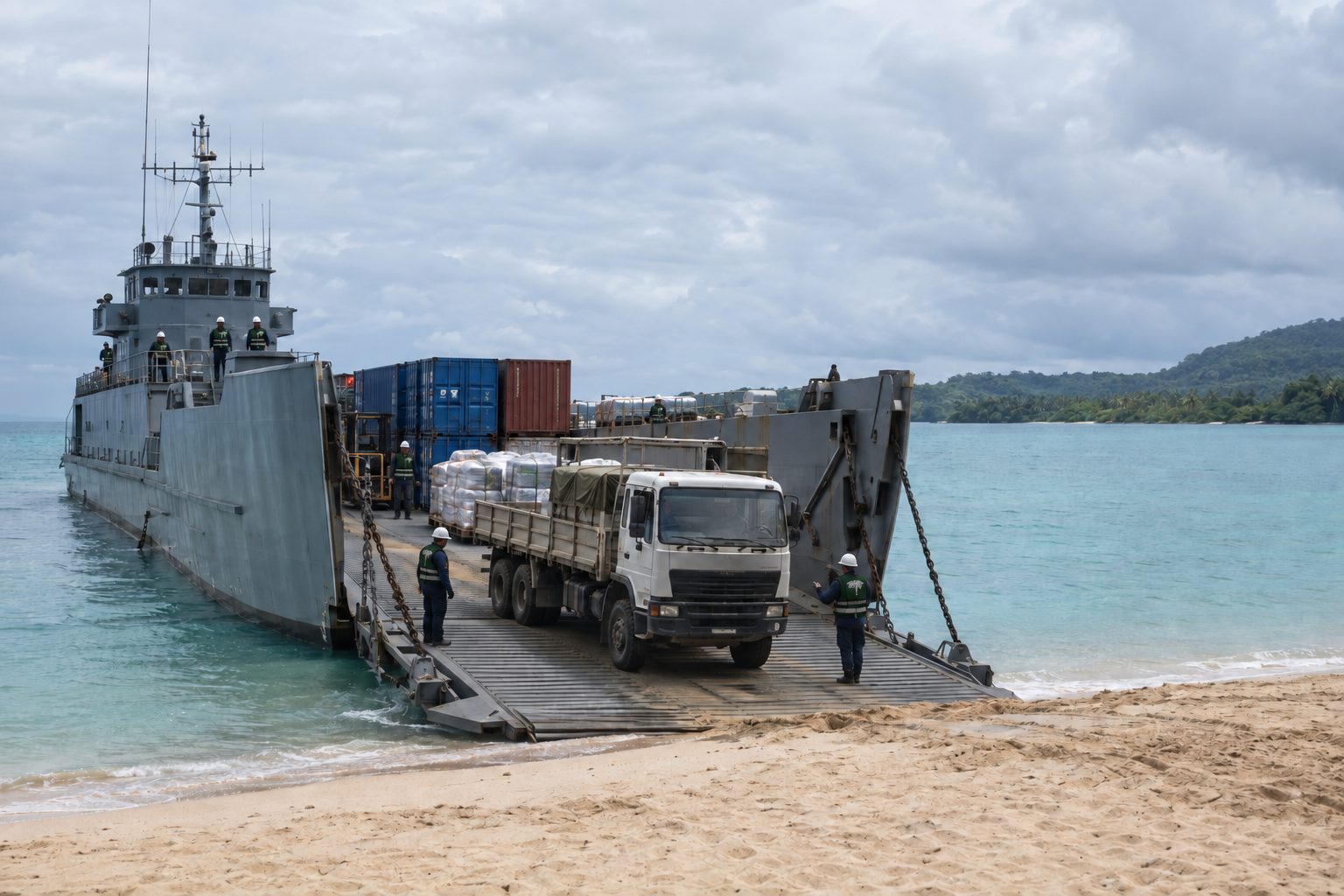 110-foot landing craft unloading a truck and containers onto a beach