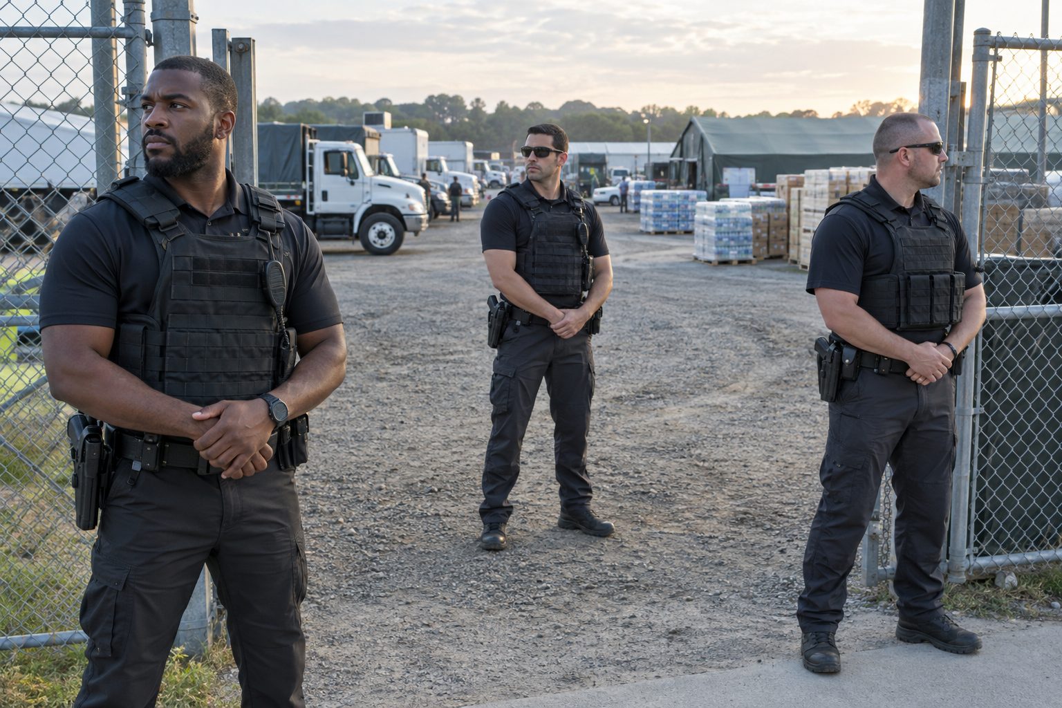 Security officers at the gated entrance of a staging yard