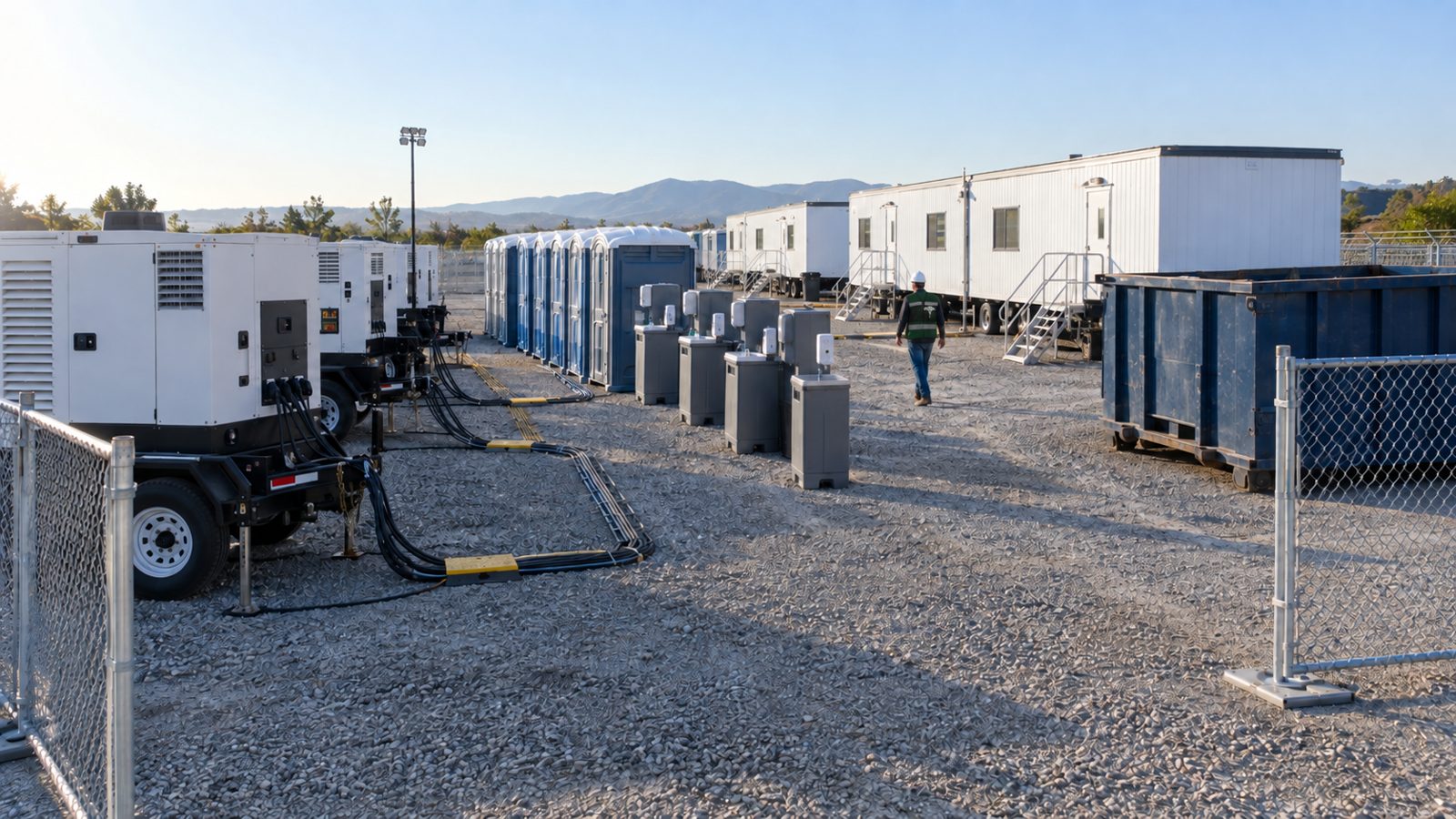 Temporary site-services yard with mobile generators, portable restrooms, handwashing stations, office trailers, fencing, and a roll-off dumpster