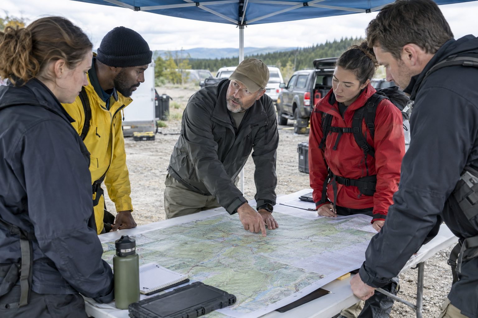 Mission support team planning around a map table